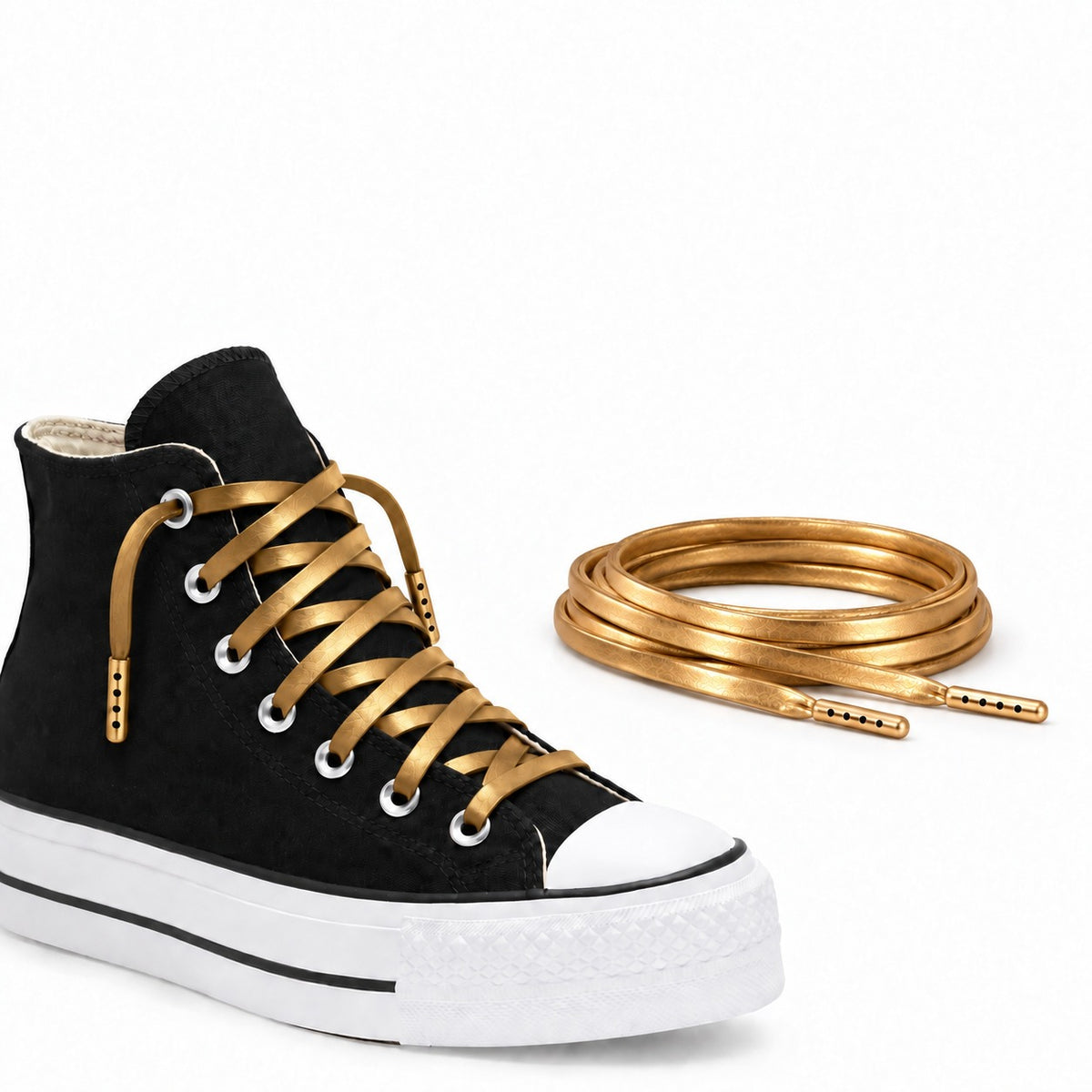 Goud – leren veters plat goud 03 schoen plateau zwart