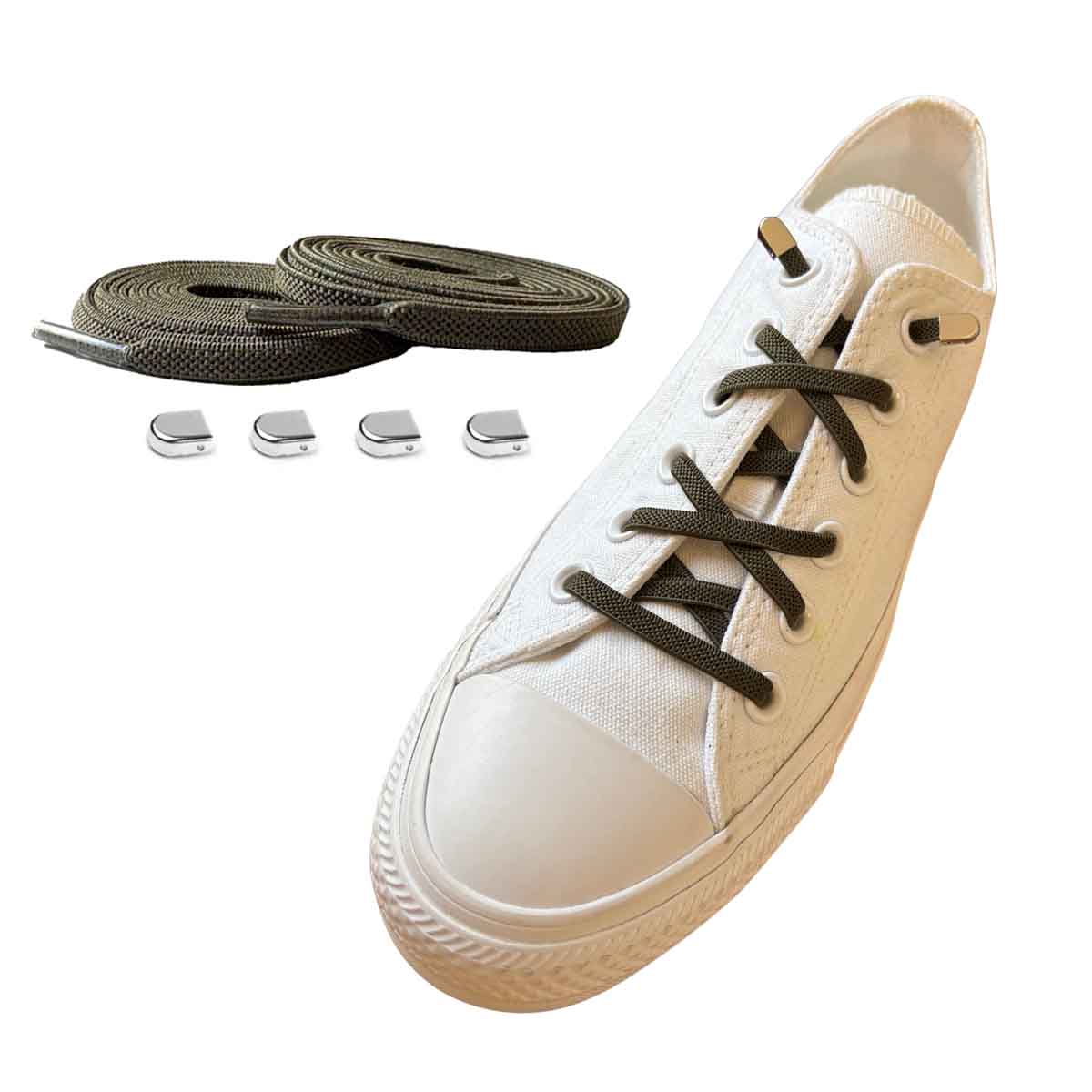 veters-elastisch-groen-olijf-capsule-zilver-glans-schoenen