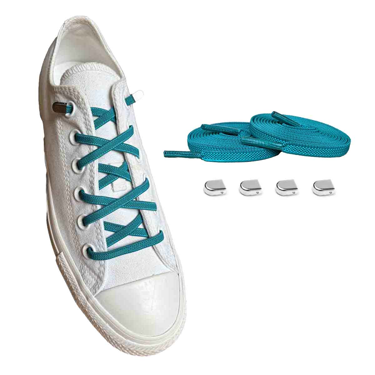 veters-elastisch-groen-petrol-capsule-zilver-glans-schoenen
