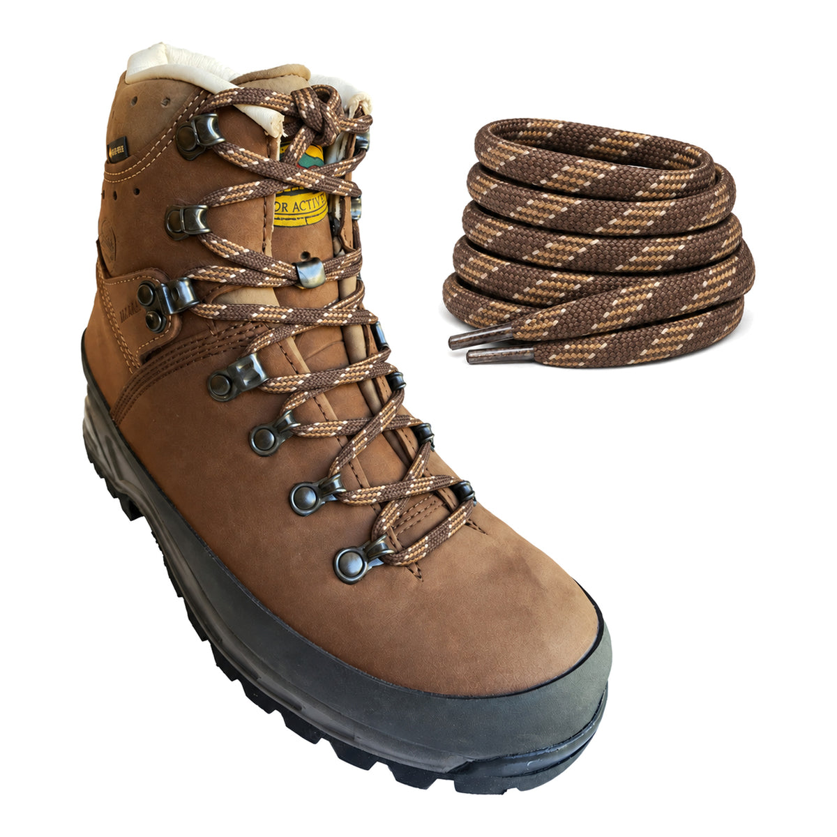Bruin gemusterd – veters meindl bruin gedessineerd 02 aan schoen