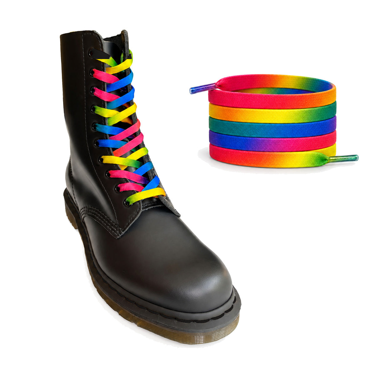 Regenboog kleurverloop – veters plat regenboog kleurverloop 03 laars zwart