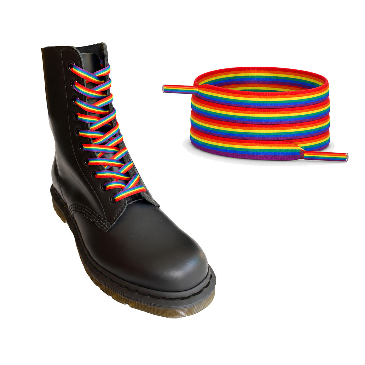 Regenboog gestreept – veters plat regenboog strepen 03 laars zwart