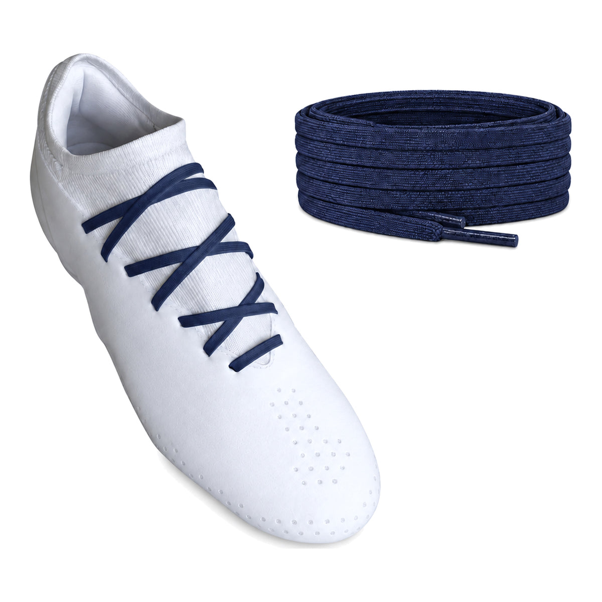 Blauw marine – veters plat smal voetbal blauw navy 02 aan schoen