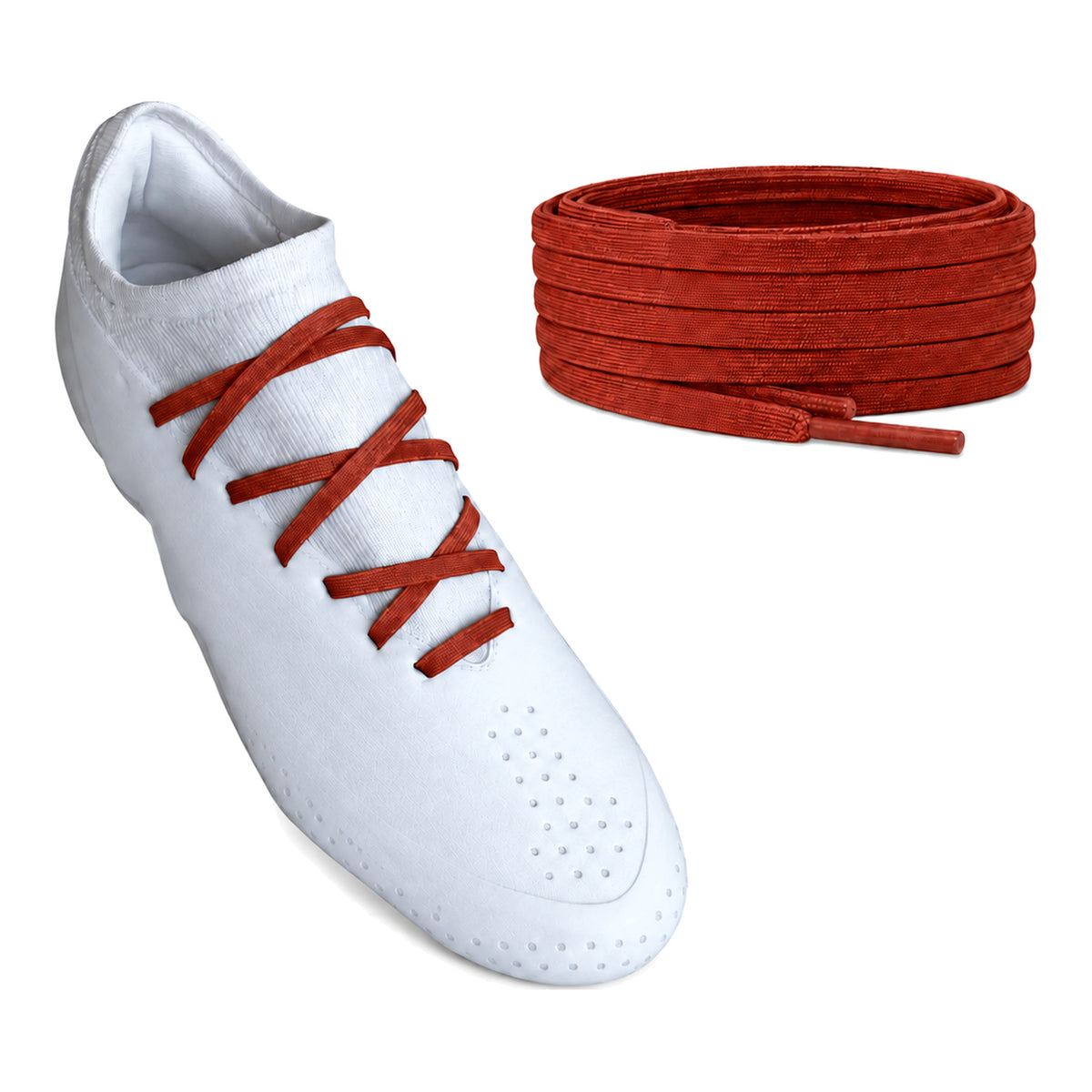 Rood bruin – veters plat smal voetbal rood bruin donker 02 aan schoen