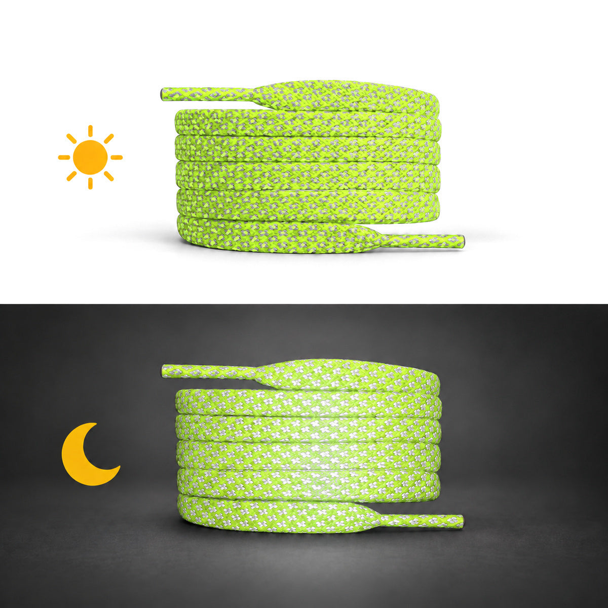 Geel Groen Neon – veters reflecterend plat geel groen neon 02 dag nacht